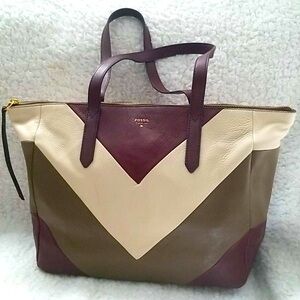 FOSSIL Sydney Tote Chevron RARE Genuine Leather Bag Like New